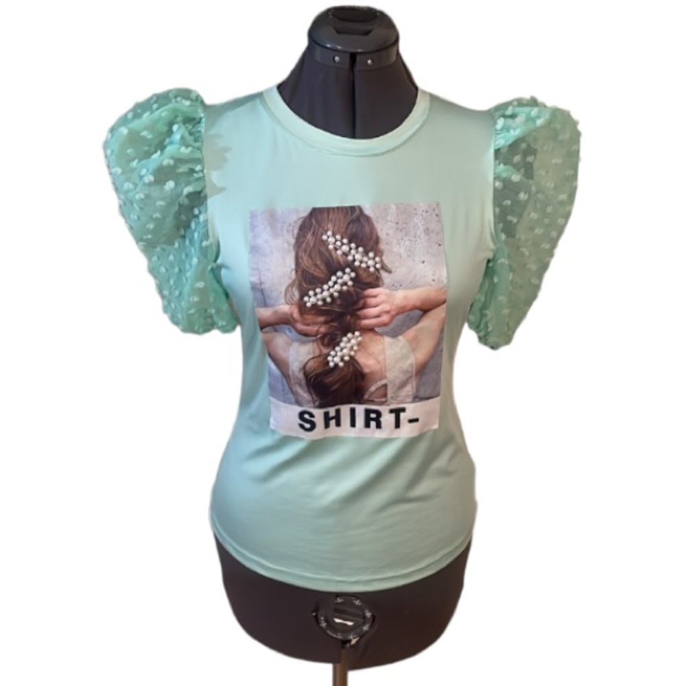 Miss Mia Mia Mint Green Balloon Sleeve Spandex T-shirt Top Size Medium